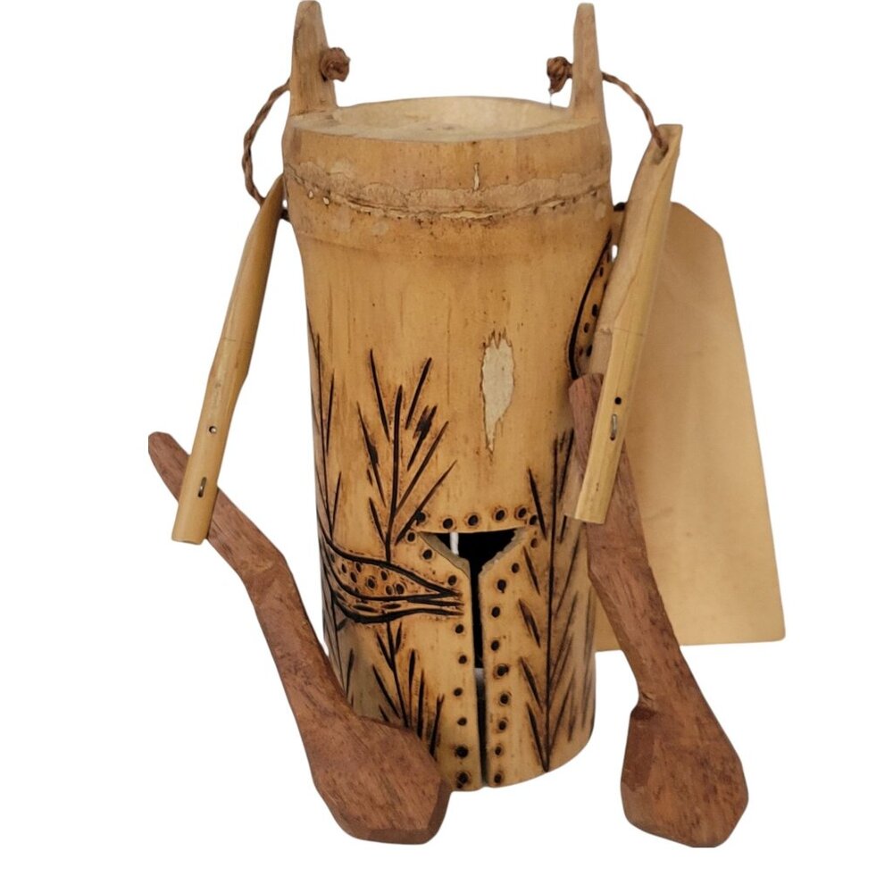 African Pokerwork Wooden Cow Bell Hollow Primitive Folk Art Twine Handle 6 1/2"